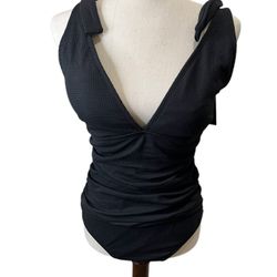 NEW Ellen Tracy V-neck Black Ruched One Piece Swimsuit Women’s Size 14 NWT