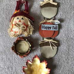 Fall Decor: Wall Sign, Scarecrow Door Hanger, Leaf Candy Dish, Candle Holder