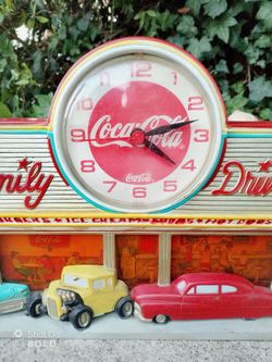 Vintage Coca Cola Clock (Working Clock) Drive In Scene 20" Wide
