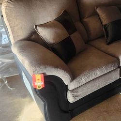 Sofa by Fancy Loveseat – Two-Tone Fabric & Faux Leather – Made in Canada