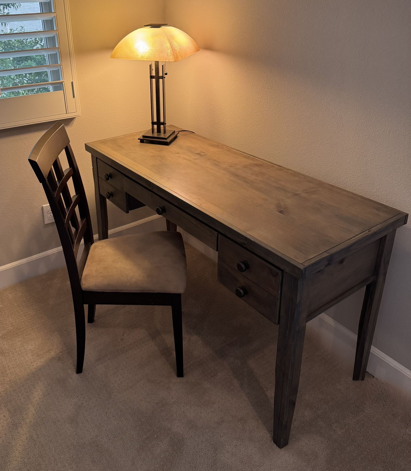 Beautiful Wood Executive Writing Desk with 2 Drawers, Keyboard Tray and Beautiful Chair. 54”L x 22”W x 30”H Gorgeous Table Lamp