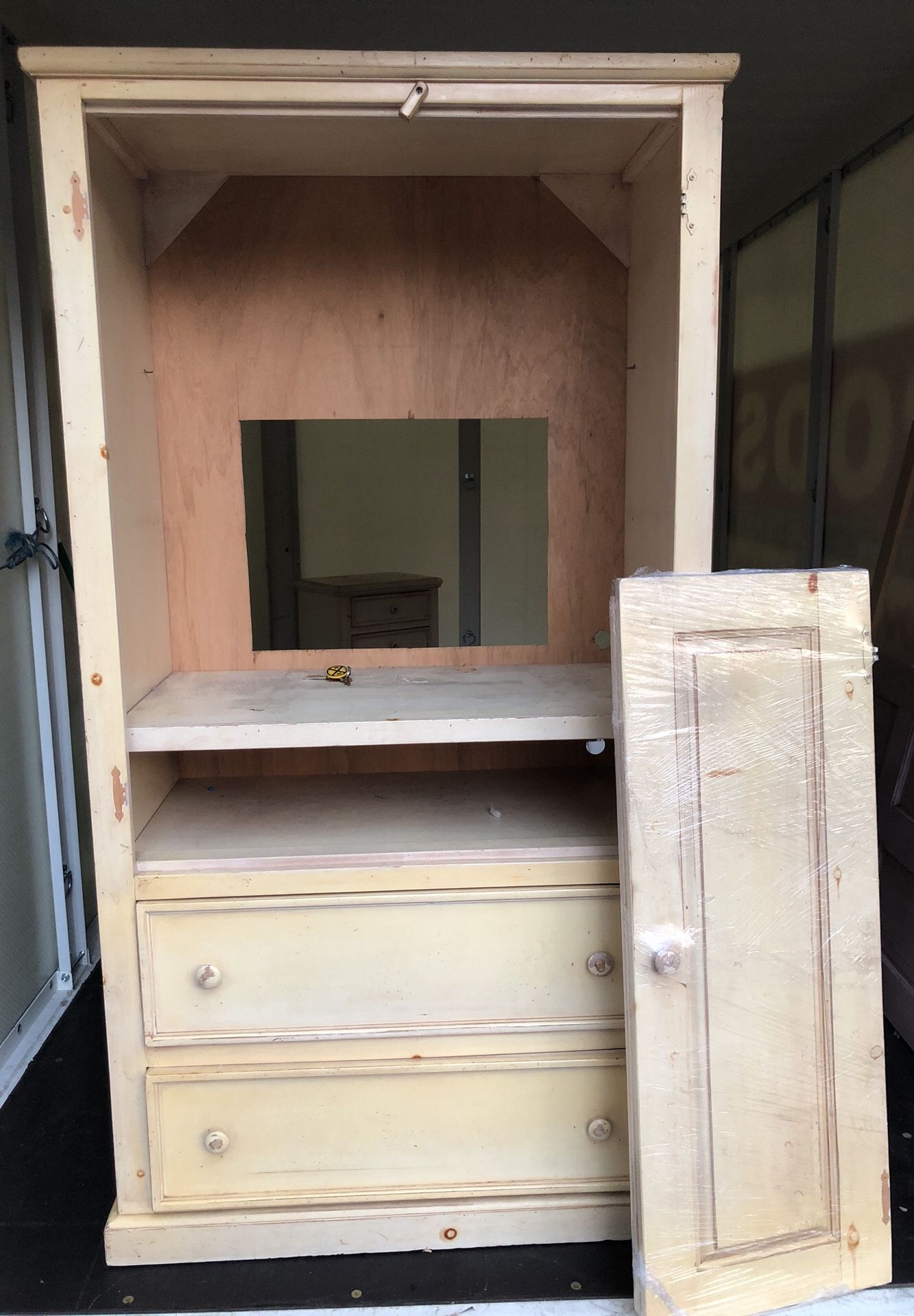 Armoire, Night stand and antique door headboard