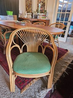 Vintage Danish Teak Dining Set – Ansager Denmark Table + 6 Vintage Hawaiian Rattan Chairs