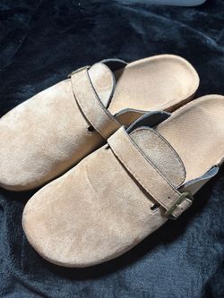 Tan Suede Buckle Strap Clogs