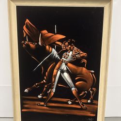 Vintage Black Velvet Painting - Dramatic Matador & Bull Fight Scene 