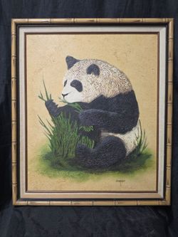 Framed Panda Oil Painting Signed Cooper