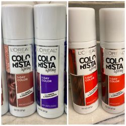 Vibrant L'Oréal Paris Colorista 1-Day Hair Color Spray. Great for hints & highlights. Rose Gold, Purple, and Red. Each is 2.0 OZ. Super fun