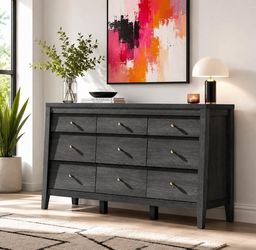9 Drawers Dresser, 59" Wide Wood Chest of Drawers with Charging Station