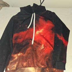 Red and black galaxy hoodie with stars, size S/M. Polyester & spandex blend.