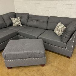 Brand New Grey Linen Sectional Sofa +Ottoman (New In Box) 