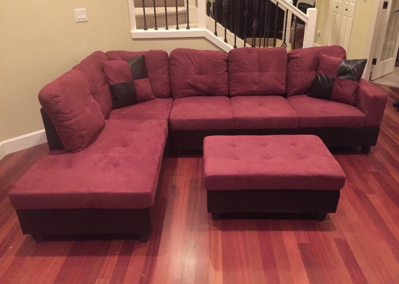 Red Microfiber Sectional Couch And Ottoman 