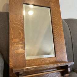 Vintage Wood Framed Beveled Mirror With Towel Rack