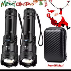 Super Bright Flashlight USB Rechargeable LED Long Range Tactical Torch Outdoor Waterproof Emergency Camping Fishing Lantern| 2 pack + box+ 2 cables