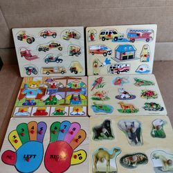 6- Wooden Children's Peg Lift Puzzles