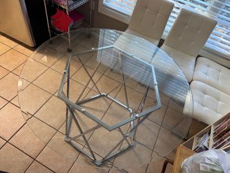 Round Glass Dining Table with Geometric Base