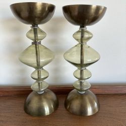 New! Mid Century Style Brass & Green Glass Candle Holders Set of 2 Modern Decor