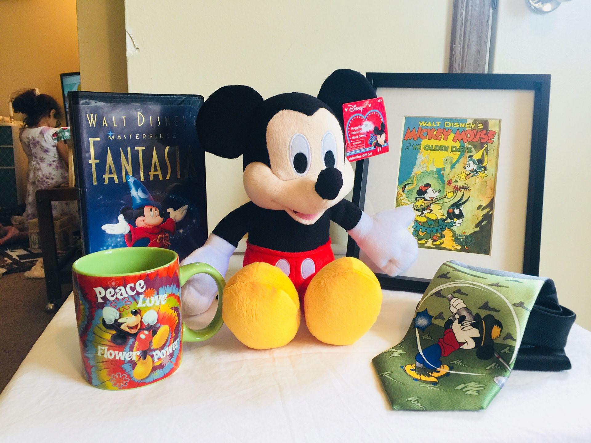 Lot "Mickey Mouse" Disney Vintage Items: (Tie,Soft Doll,Picture,Movie Film,Mug).