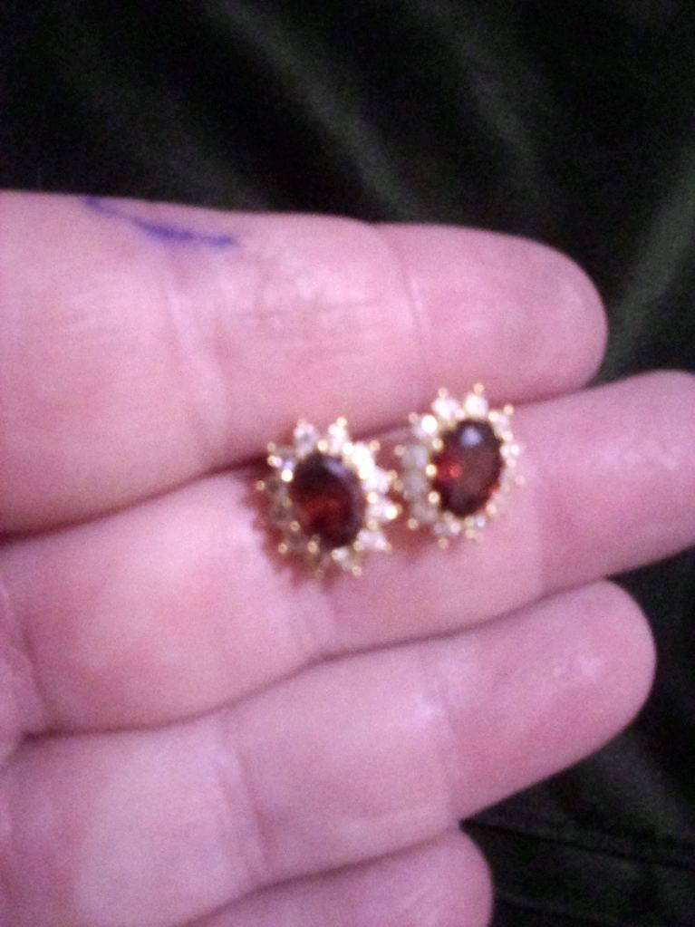 Gold plated red and white CZ oval post stud earrings
