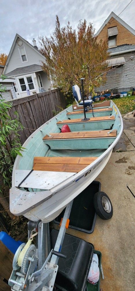 14ft Aluminum Fishing Boat, Trolling Motor And Trailer