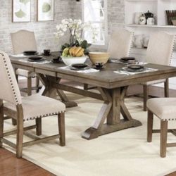 7 Pc Rustic Oak Dining Table Set Brand New In Box