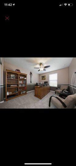 Solid wood desk with chair and book case