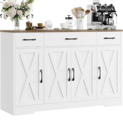 Buffet Cabinet with Drawers, 55" Large Sideboard Buffet Storage Cabinet with Shelves and Doors, Modern Farmhouse Coffee Bar Cabinet Wood Buffet Table 