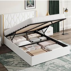 White Upholstered Bed Frame with Storage