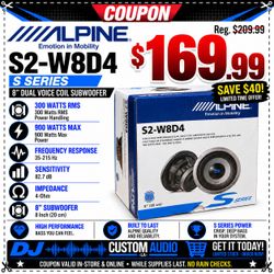 Alpine S Series Bass Speaker 8" Dual Voice Coil Subwoofer 900 Watts S2-W8D4 🚨 Payment Options Available 🚨 No Credit Needed 🚨