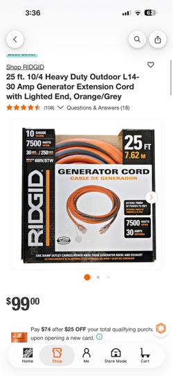 25 ft. 10/4 Heavy Duty Outdoor L14-30 Amp Generator Extension Cord with Lighted End, Orange/Grey new $70 firm