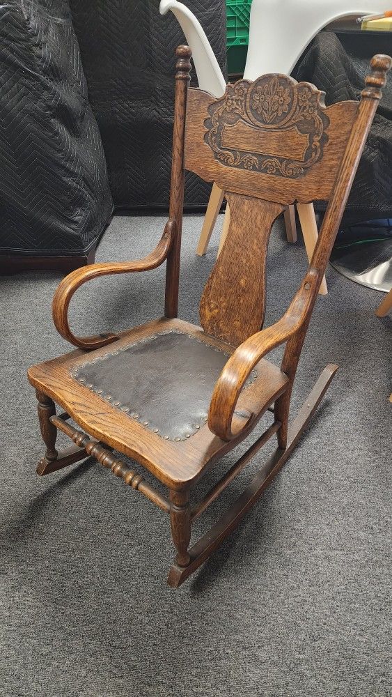 Antique Carved Wooden Rocking Chair with Leather Seat β Vintage Elegance