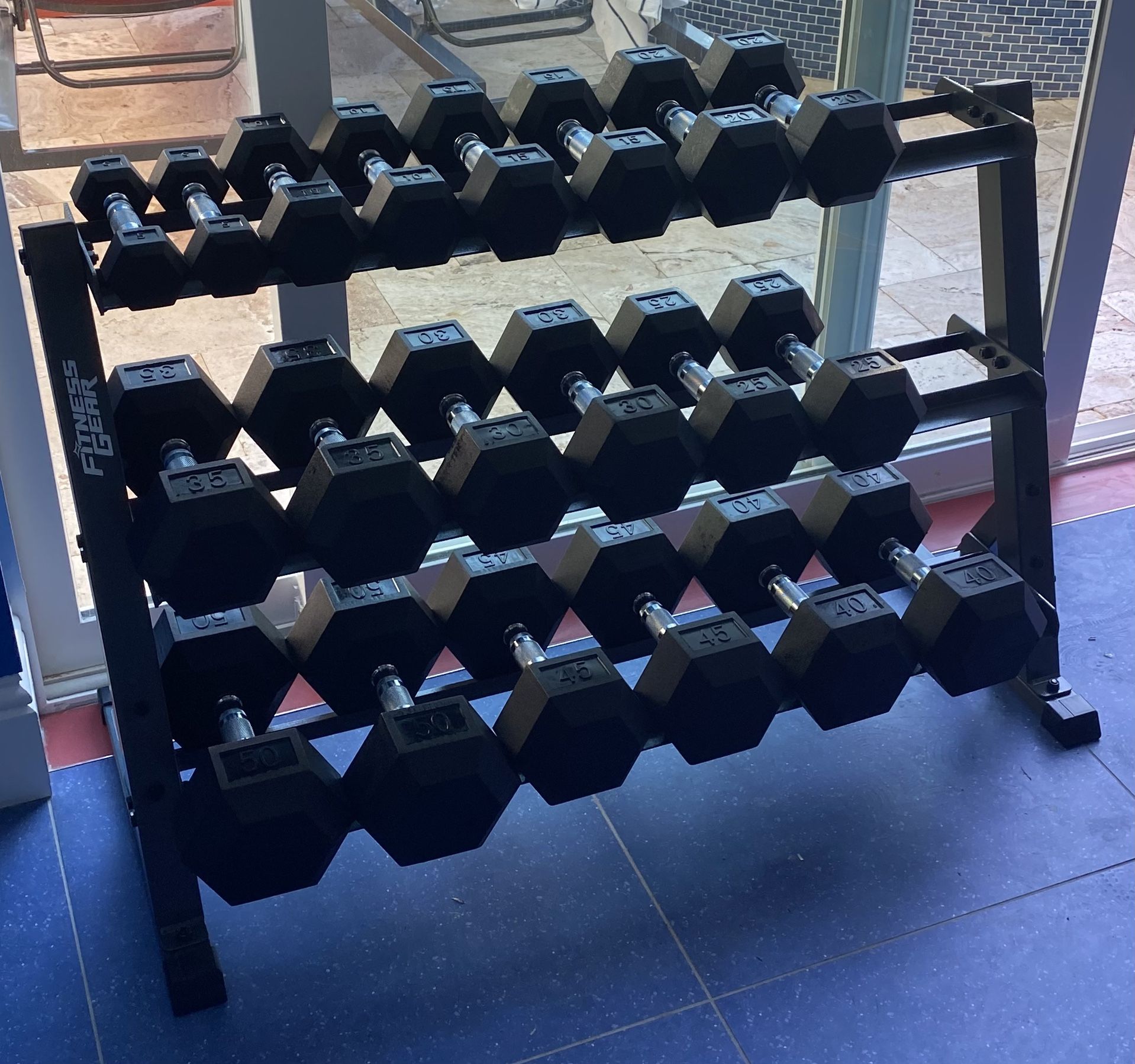 Brand New In Box 5-50 Lb Rubber Coated Hex Dumbbell Set With 3- Tier Rack