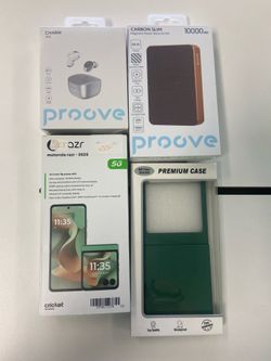 Motorola Razr New Gen Flip with case, Proove wireless earbuds and portable power bank