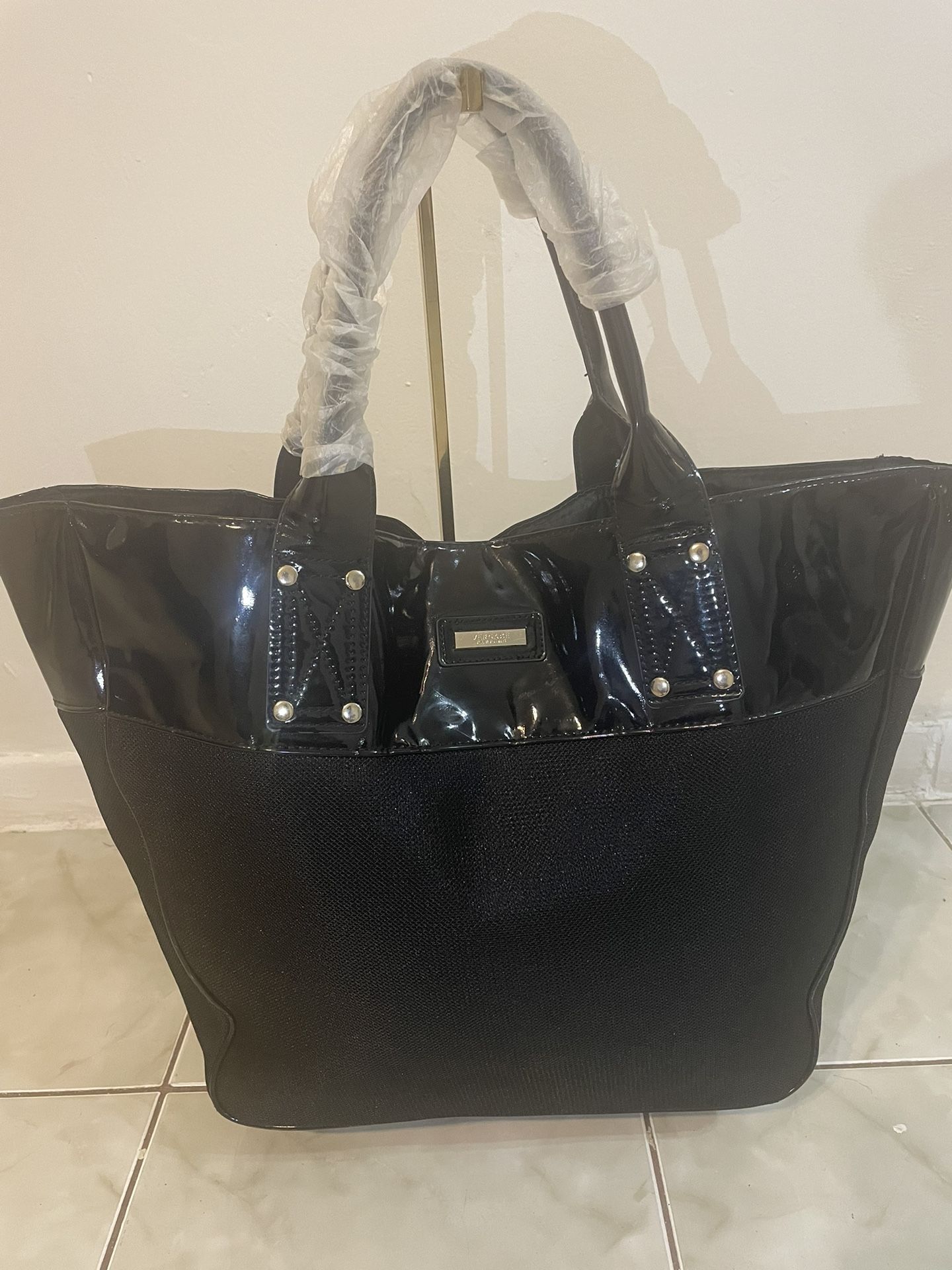 Versace Parfums Black Patent Leather Tote Shoulder Shopper Travel Bag Ex Large