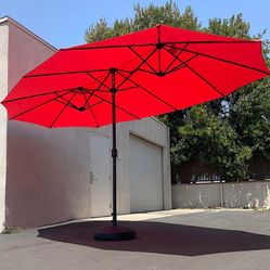 $130 (New in box) Large 15ft double sided outdoor umbrella w/ 65 lbs plastic weight base (red/gray)