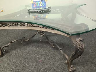 Large Vintage Ornate Carved Wood Coffee Table with Scalloped Glass Top