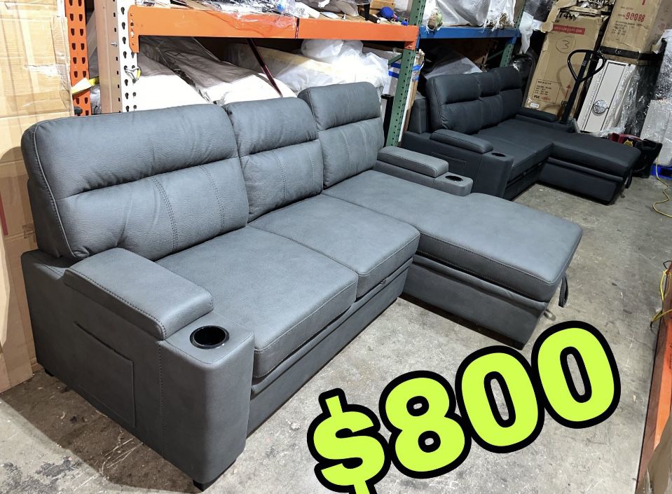 Beautiful New Sectional Sofa Bed W/ Storage Chaise & Storage Arms in Gray Microfiber Only $800!!!