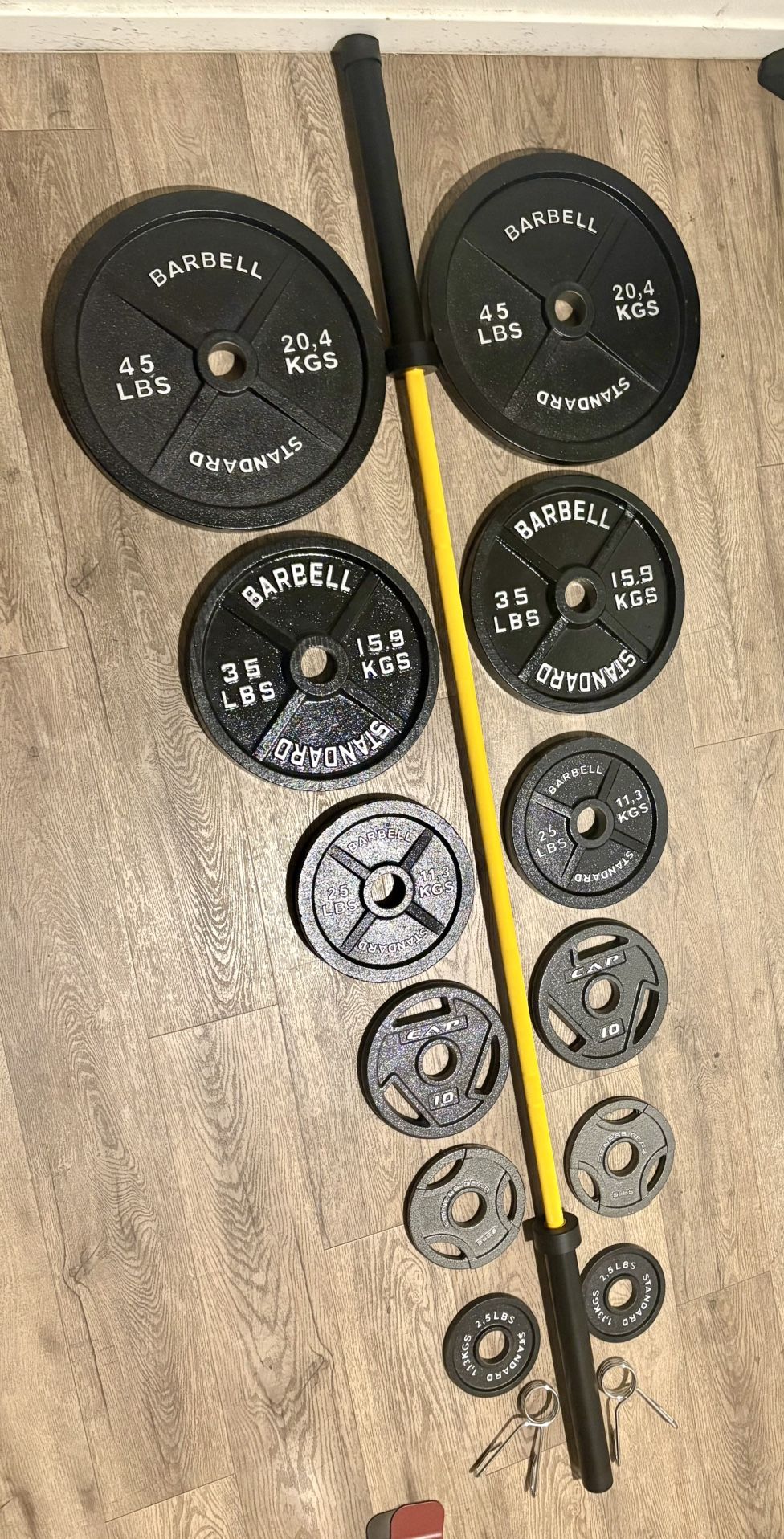 Beautiful BRAND NEW Olympic Equipment: Bar And Full Set Of Weight Plates. Total Of 290 lbs
