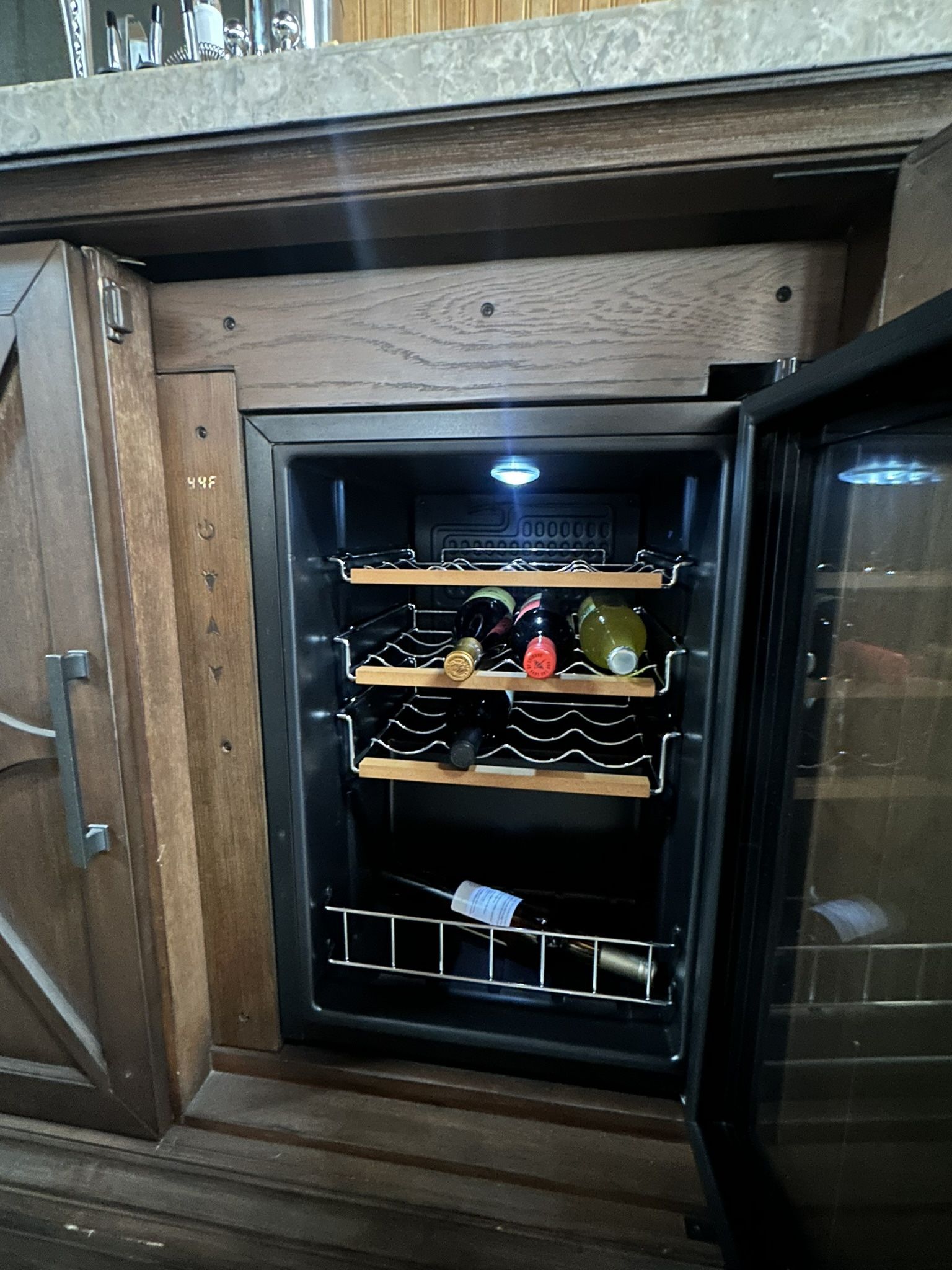 Wine cabinet two door with🍷 hidden fridge, with 12 bottles side out rack solid wood with marble top