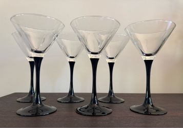 Set of 6 Vintage LUMINARC FRANCE Clear Glass Martini Glasses Black Stem