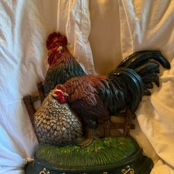 Vintage Iron Hen And Rooster Doorstopper