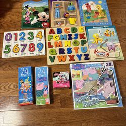 10 Kids Puzzles, Wooden Alphabet, Wooden Numbers, Peppa Pig, Mickey, Minnie Etc $10