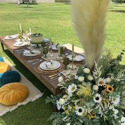 Picnic Table With Plates, Pillows, Umbrella, And Dinnerware