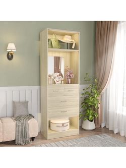 Closet System with Drawers and Mirror, 25 Inch Freestanding Closet Organizer with Storage Shelves, Walk In Closet Tower for Closet, Bedroom, 25'' W x