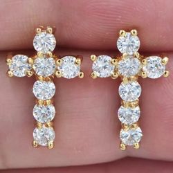 Gold Plated Crystal small Cross minimalist Stud Earrings 