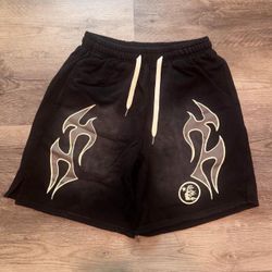 Hellstar Black shorts with White Flame graphics on Sides Size Medium