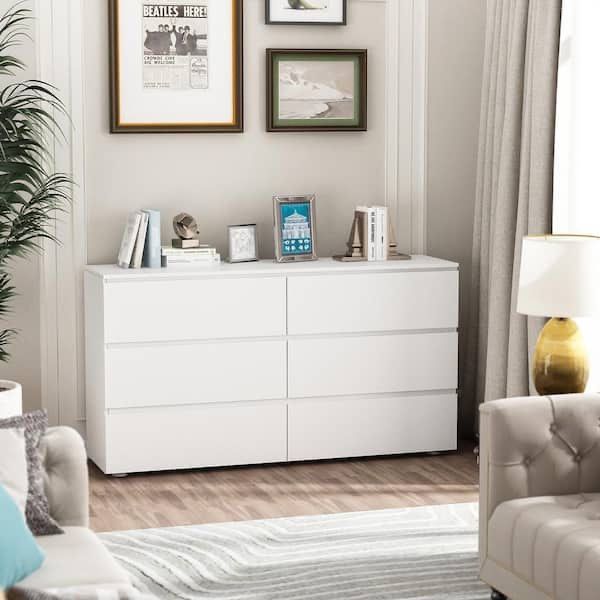 6-Drawers White Wood Chest of Drawer Accent Storage Cabinet Organizer 59 in. W x 15.7 in. D x 32.3 in. H Crafted with white wooden board,