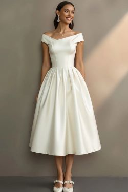 Leely Simple White Off the Shoulder A Line Midi Engagement Dress