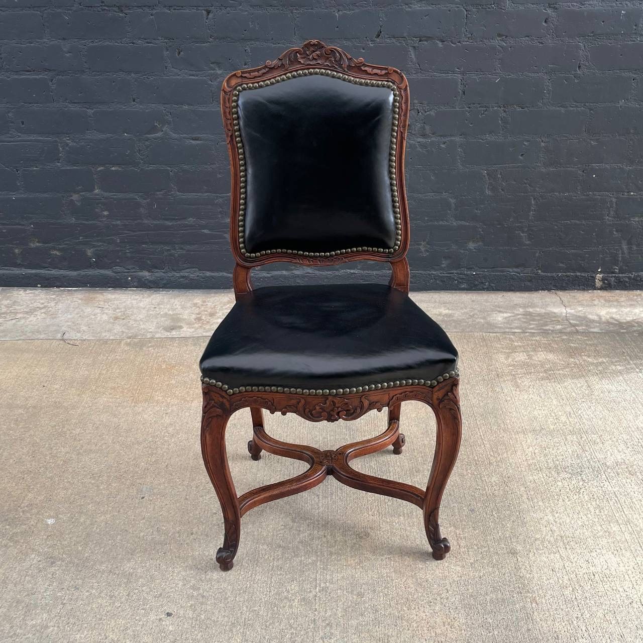 Antique French Louis XV Style Leather Side Chair with Carved Details, c.1940’s