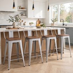 NEW ANDEWORLD 24" Barstools Set of 4 Counter Height Bar Stools Chairs SILVER/WOOD SEAT