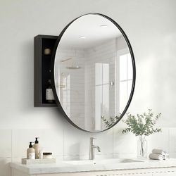 28 Inch Round Medicine Cabinet with Mirror - Metal Frame Bathroom Medicine Cabinet with Storage and Adjustable Glass Shelves – Space-Saving, Stylish &